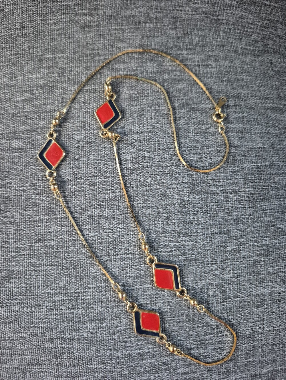 Gold Plated Women's Necklace with Red & Darj Blue Geometric Accents